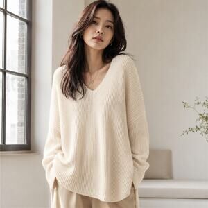 By Min Cream V-Neck Knit Tunic Sweater Relaxed Minimalist K-Fashion Korea Casual